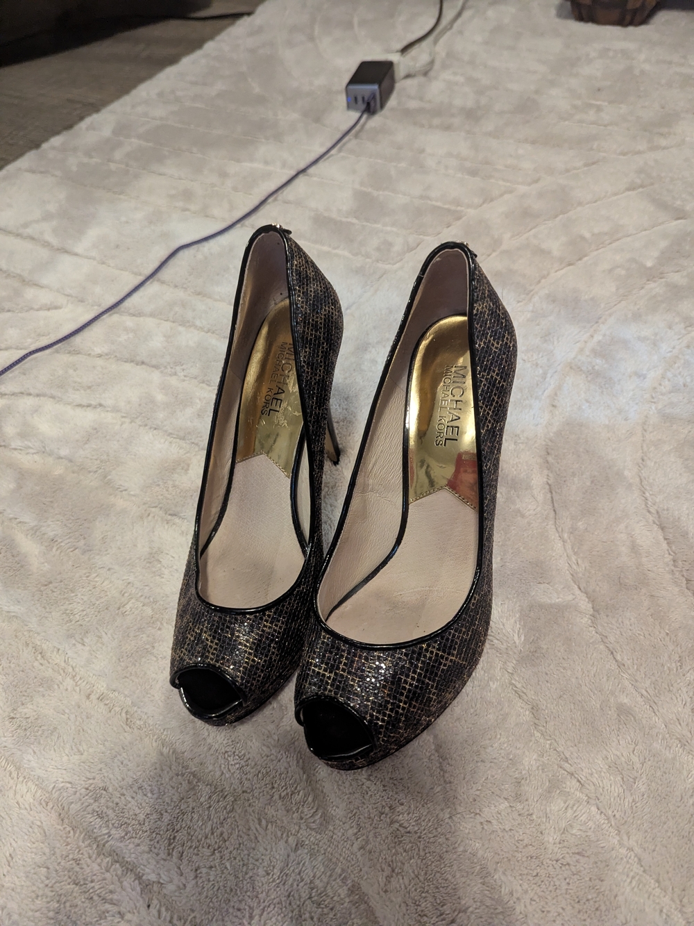 Michael Kors Black and Gold Peep-Toe Stiletto Heels